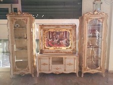 2 VETRINE 1 ANTA + MOBILE PORTA TV IN LEGNO AVORIO E FOGLIA ORO CON CRISTALLI