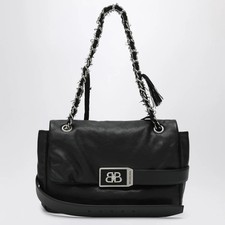 Borsa a tracolla Balenciaga media in pelle nera con tracolla a catena, Made in Italy