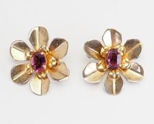 Retro Vintage Placcato Oro Argento Sterling E Ametista Fiore Orecchini a Clip