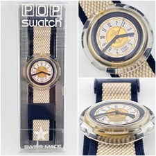 Swatch Pop PWK203 Akros 1995 NOS Blue Beige Gold Nautical Vintage Watch
