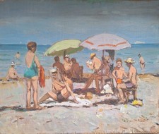 Dipinto Giorgio Luxardo "Bagnanti Con Ombrelloni" 25x30 Su Tavoletta