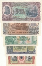 Albania / Albania - Set 10 + 50 + 100 + 500 + 1000 Leke 1957 UNC - Pick 28-32