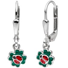 Orecchini Pendenti per Bambini Gancio Coccinella Trifoglio Rosso Verde 925