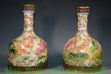 Coppia vasi bottiglia loto pesce oro porcellana colore smalto Qianlong 13,7"