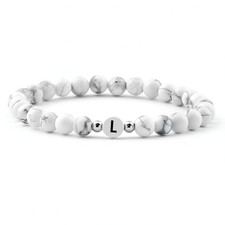 Bracciale con Iniziale Uomo Donna Perle Howlite Bianco Lettera nome braccialetto