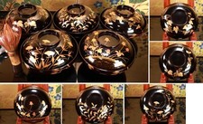 Japanese Lacquer Lidded Soup Bowl Set of 5 Gold Flowing Varied Floral Maki-e