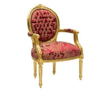 Poltrona Sedia TESSUTO ROSSO DAMASCATO LEGNO FOGLIA ORO LUIGI XVI con braccioli