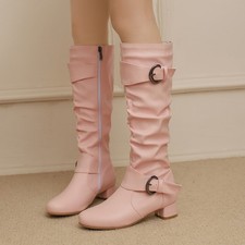 Stivali donna fibbia al ginocchio cavaliere equitazione tacco medio grosso blocco zip laterale