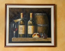 Quadro in tela, con cornice in legno, dipinto ad olio, rappresentazione vino