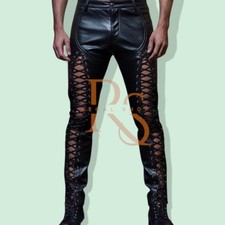 Pantalone uomo gay sexy pelle nera stile stringato vera pelle di agnello