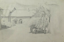 DISEGNO ANTICO ARTISTA EMIL OTTO BISCHOFF VEDUTA CASA CAMPAGNA FRANCIA BM53.6C