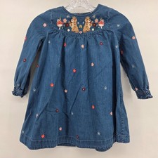 Mini Boden Vestito Denim Bambina 5-6Y Ricamato Cuccioli Fiori Manica Lunga Blu