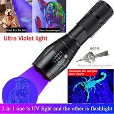 UV Flashlight LED Torch Zoomable Ultra Violet Black White Dual Light Detector