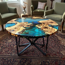 Tavolino da caffè 15" tondo chiaro resina blu fiume legno moderno arredo corridoio tavolo