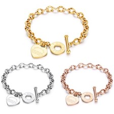 Bracciale con Ciondolo a Cuore da Donna in Acciaio Colore Oro, Oro Rosa, Argento
