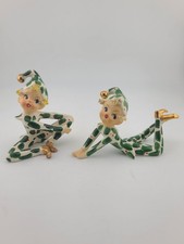 Coppia di statuine ceramica Lefton Holly Elfo Pixie spaghetti capelli bacche Natale