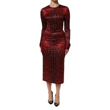 Abito DOLCE & GABBANA rosso leopardato tubino maniche lunghe midi IT40/US6/S 2930usd