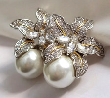 PREGIATI ORECCHINI ART-DECO' 30s cm2,5 FIORE BRILLANTI,PERLA,ORO GIALLO/ARGENTO!