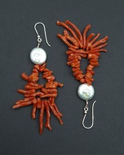 Orecchini Perle E  Vero Corallo di Sardegna Rosso Argento 925 Frange Donna 