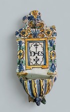  acquasantiera in maiolica policroma, XVIII-XIX secolo Ceramica Antica 