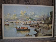 NAPOLI PANORAMA DAL MARE  CARTOLINA NV PITTORE CARELLI ACQUERELLO BARCHE - M1