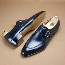 Scarpe da monaco fatte a mano da uomo in pelle blu navy, scarpe eleganti da uomo in pelle