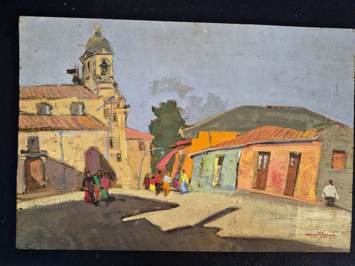Dipinto olio tavola borgo - su,