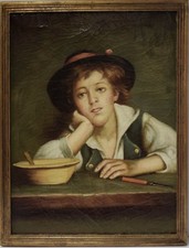 Painting picture  DIPINTO Olio su tela BAMBINO CHE FA' COLAZIONE 1800