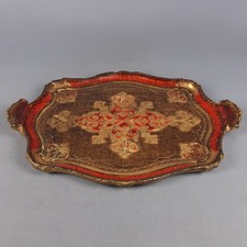 Vassoio Legno Laccato Inciso Dorato Barocco Rosso Oro Italia Vintage Anni '60