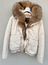 RRP£995 WOOLRICH bomber militare imbottito donna cappotto PICCOLO beige pelliccia orlo EX