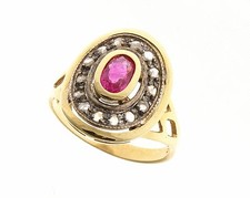 Anello in stile antico oro 18 kt 750 mill. Rubino naturale e diamanti 