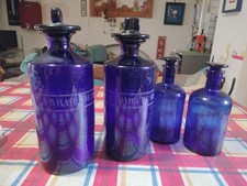 4 Bottiglie Farmacia Blu Cobalto Vintage H 26 e 18 Cm