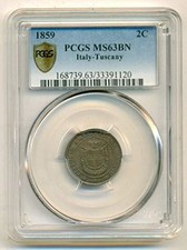 Italia -Toscana 1859 2 Centesimi MS63 BN PCGS