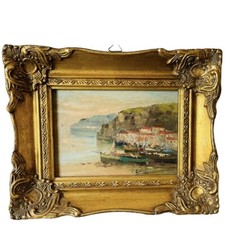 Vecchio dipinto ad olio su tavoletta XX sec. barche di pescatori