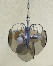 Coppia lampadari Vistosi anni 70' 4 luci metallo cromato e dischi Murano fume'.