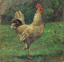 Dipinto Olio su Tavoletta  Gallo Pollaio cm. 18  x 17,5