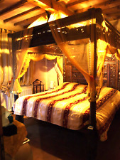 letto matrimoniale baldacchino in legno tek antico 200x200 intaglio