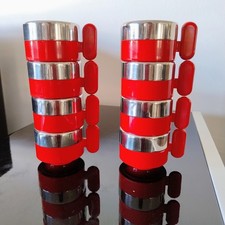 MORINOX  Vintage Anni 70 Set 8 Tazzine Caffè  Acciaio Inox 18/10 e ABS Rosso 