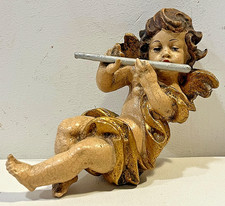 SCULTURA VINTAGE - in legno intagliato ANGELO con FLAUTO TRAVERSO, VAL GARDENA