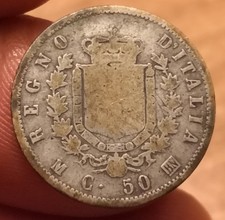 Moneta 50 Centesimi 1863 Milano Stemma, Vittorio Emanuele II, Rara, Rif. 8602