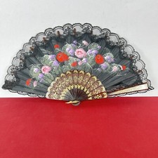 Ventaglio Vintage Elegante in stoffa nero merletto pizzo per signora ricamato 12