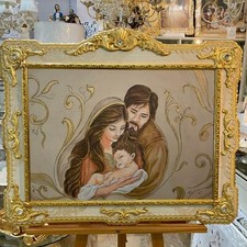 QUADRO CAPEZZALE SACRA FAMIGLIA CORNICE IN LEGNO PANNA E FOGLIA ORO CAPOLETTO