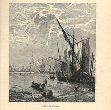 Stampa antica GENOVA veduta del porto con velieri 1885 Antique print