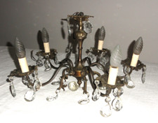 LAMPADARIO ANTICO VINTAGE IN BRONZO E GOCCE DI CRISTALLO SFACCETTATO 5 BRACCI