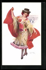 Cartolina artistica firmata Chantecler: Donna con panno rosso all'arena della corrida 