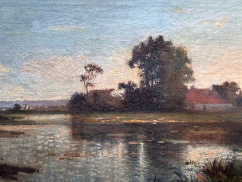 Antico quadro paesaggio - antico, fiume