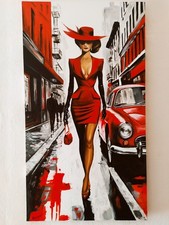 Quadro dipinto a mano arte contemporanea paesaggio urbano donna in rosso Buzzoni