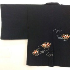 Quadro kimono giapponese Haori Haori ventaglio oro ricamo Koma pura seta lung...