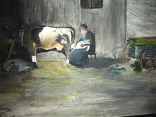 ACQUARELLI. COPPIA DI INTERNI  DI STALLA. MUCCHE   XIX SECOLO