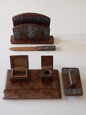 Accessori da scrivania artigianali, 4 pezzi in legno inciso, vintage anni '30